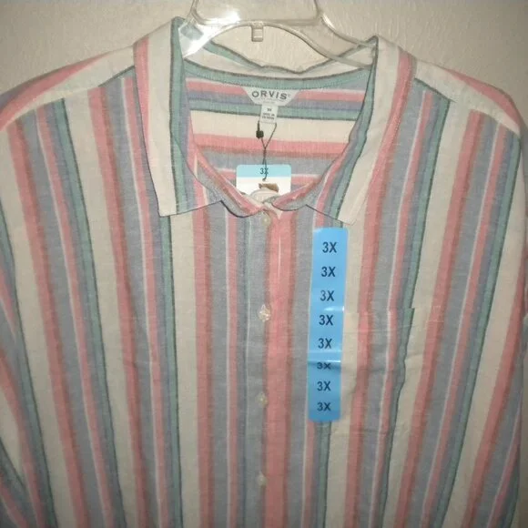 Orvis Women's Plus Size 3X Striped Linen Blend Button Short Sleeve Top NWT - Picture 3 of 5